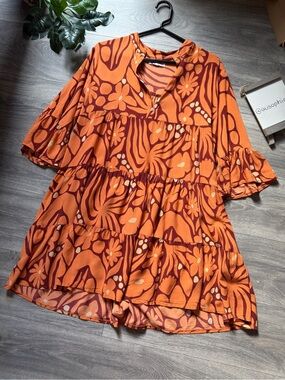 Platinum Fashion Designed in Greece Floral Tiered Flowy Bell Sleeve Dress OS